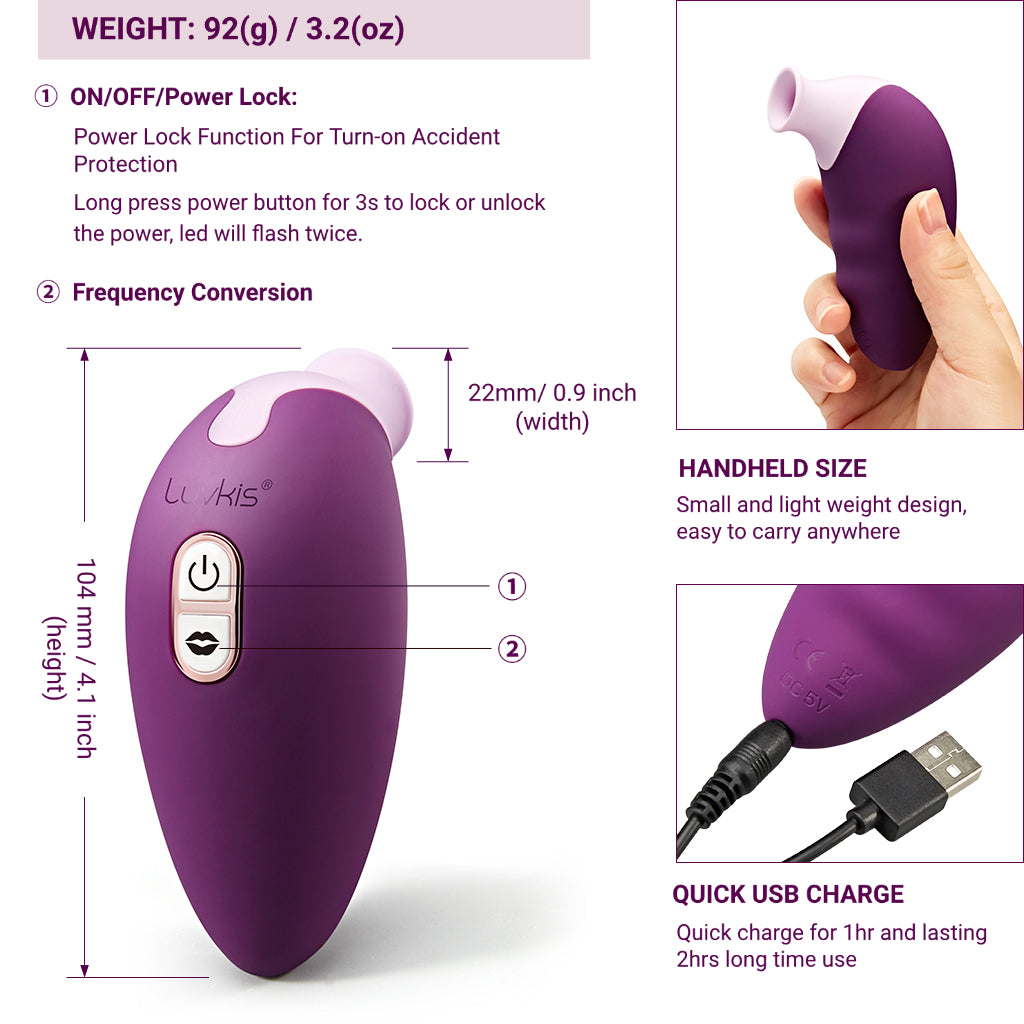 An infographic detailing the features of the Luvkis purple clitoral stimulator, including its handheld size, quick USB charge, dimensions, and button functions.