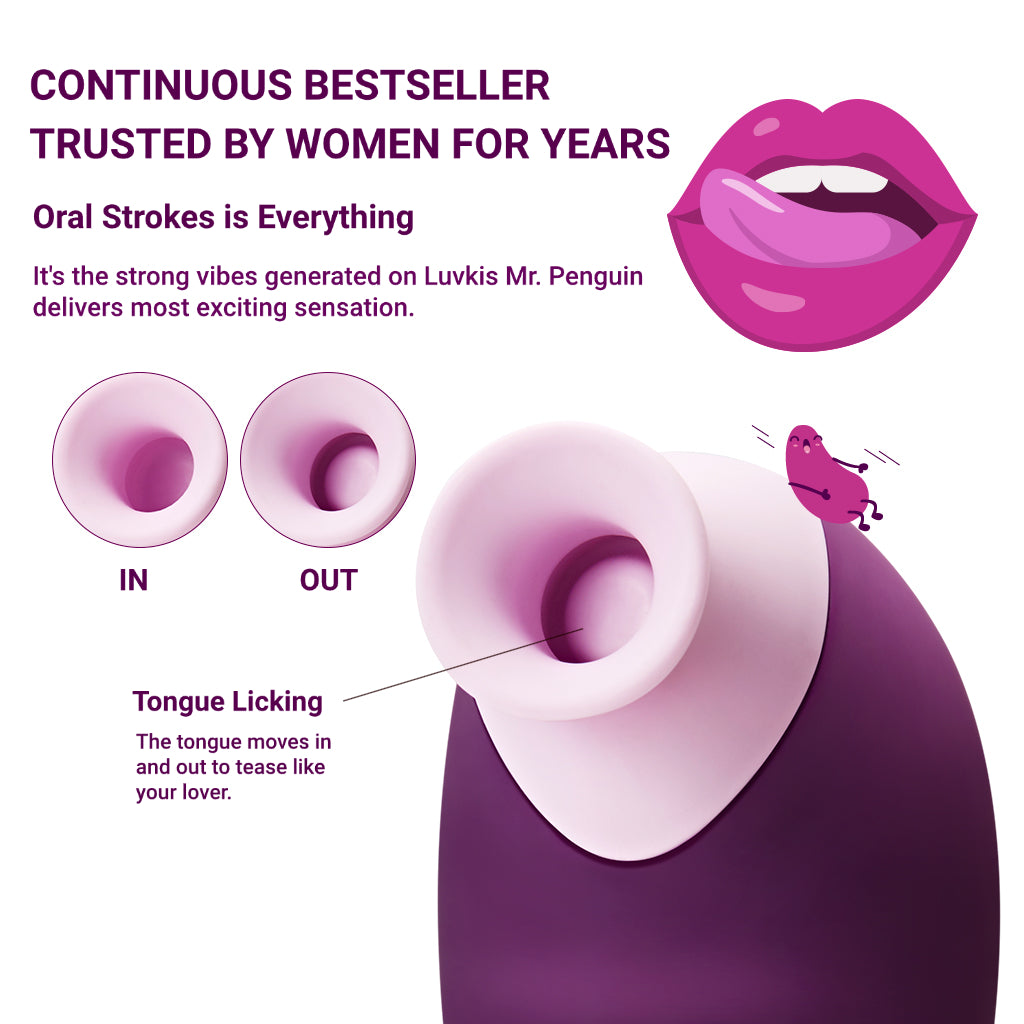 An infographic for the Luvkis Mr. Penguin, a bestselling clitoral stimulator, detailing its "Oral Strokes" and "Tongue Licking" features which create an in-and-out motion for exciting sensations.