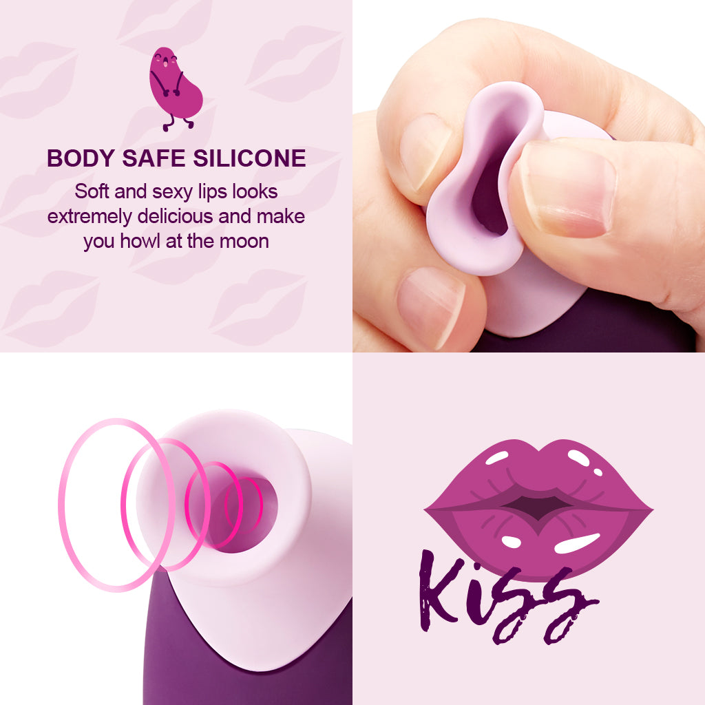 A collage of images showcasing the features of the Luvkis clitoral stimulator, highlighting its soft, flexible, body-safe silicone tip and its "kiss" vibration feature.
