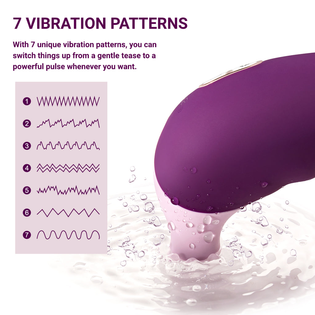 An infographic illustrating the 7 unique vibration patterns of the Luvkis waterproof clitoral stimulator, ranging from a gentle tease to a powerful pulse.