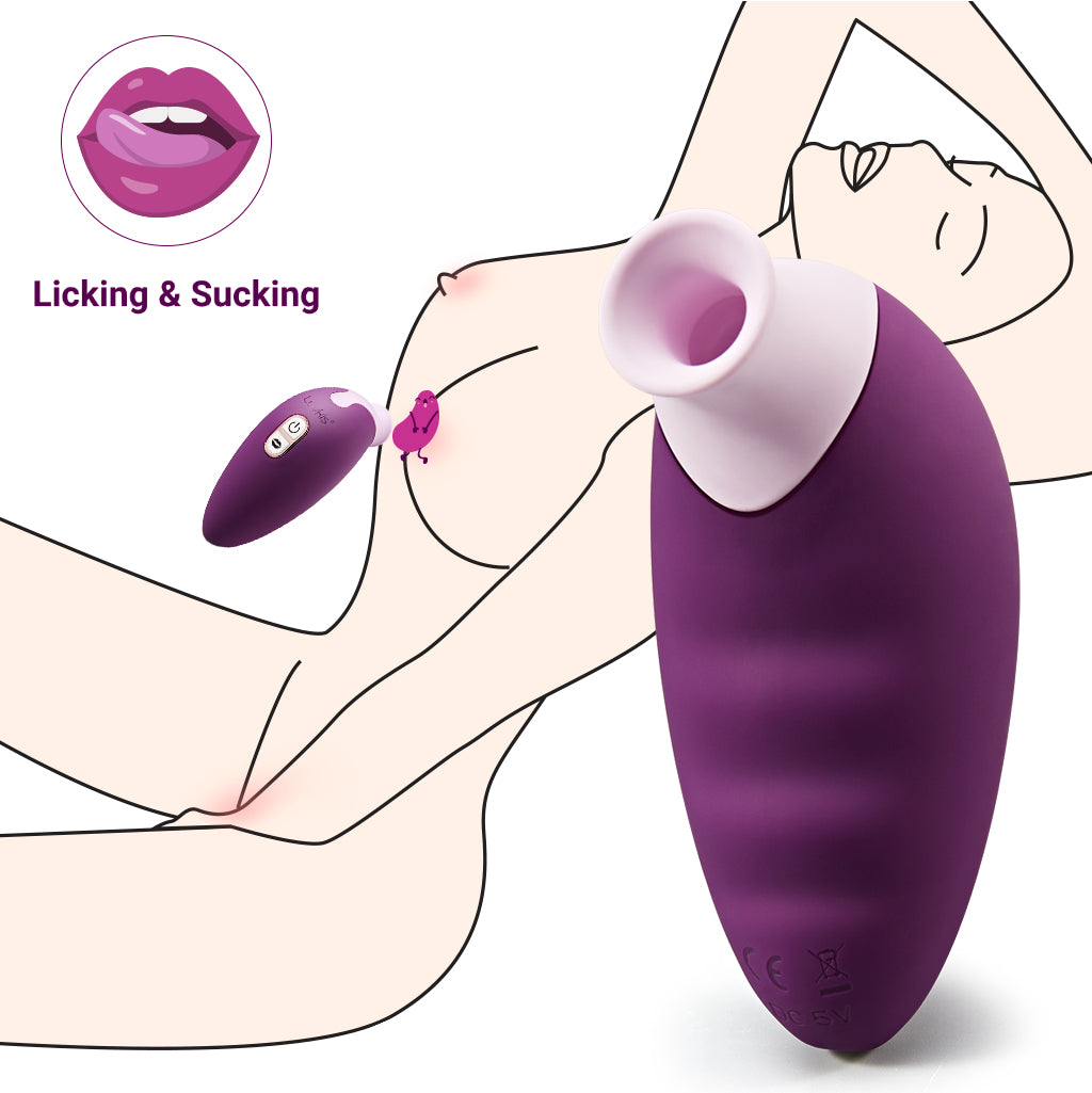 A diagram illustrating the "Licking & Sucking" feature of the purple Luvkis vibrator, with a drawing showing it being used for nipple stimulation.
