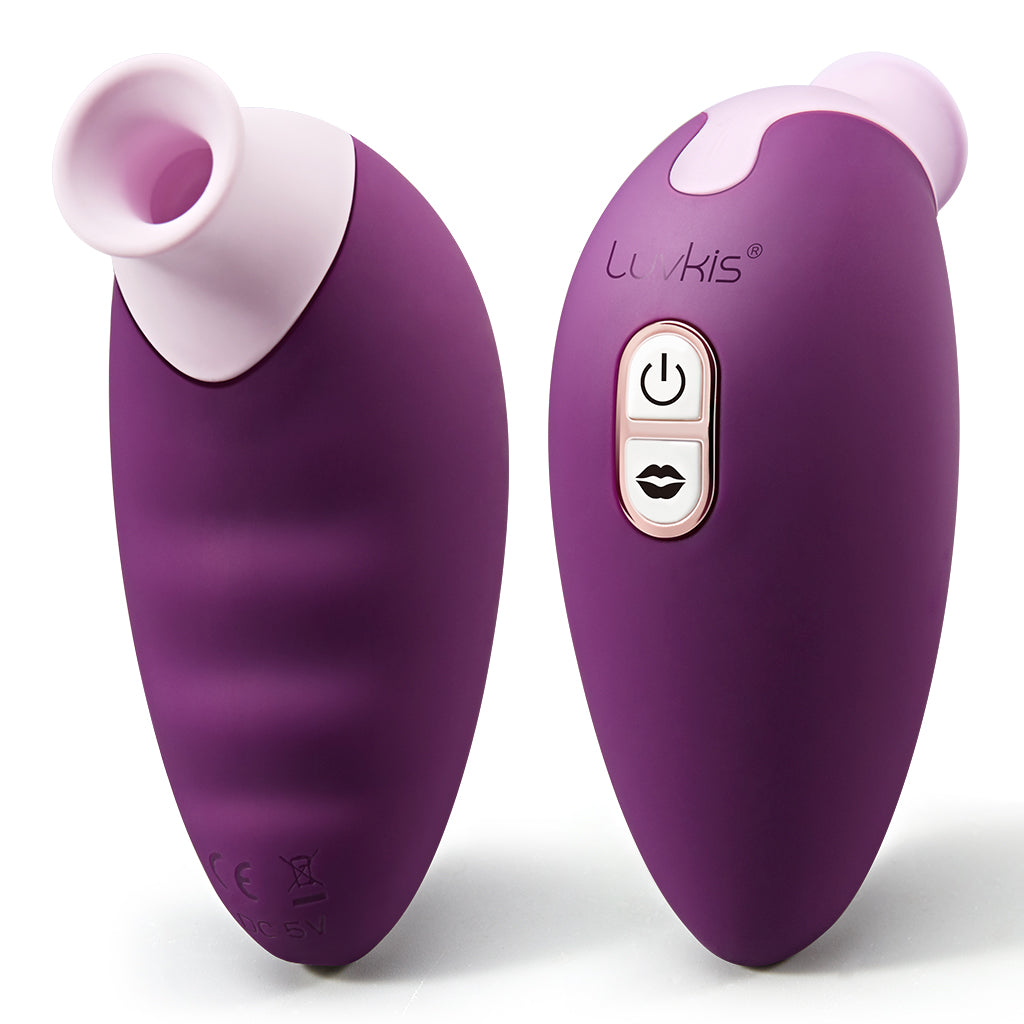 A purple Luvkis branded clitoral and nipple vibrator. The product has a sleek, ergonomic design with a prominent button and a contoured silicone tip for stimulation.